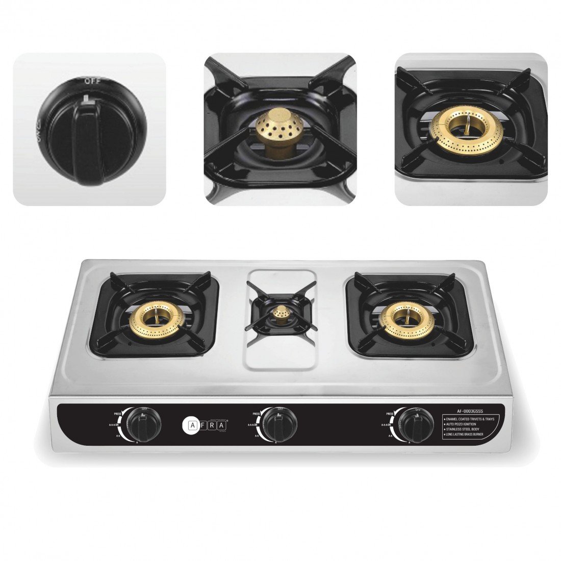 AFRA 3-Burner Gas Stove, Auto Ignition, Full Safety, Stainless Steel – AF-0003GSSS - Image 4