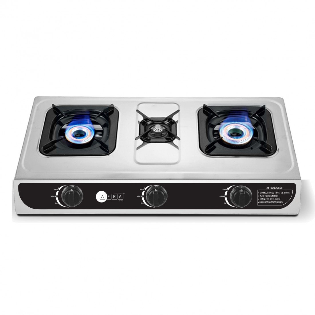 AFRA 3-Burner Gas Stove, Auto Ignition, Full Safety, Stainless Steel – AF-0003GSSS - Image 2