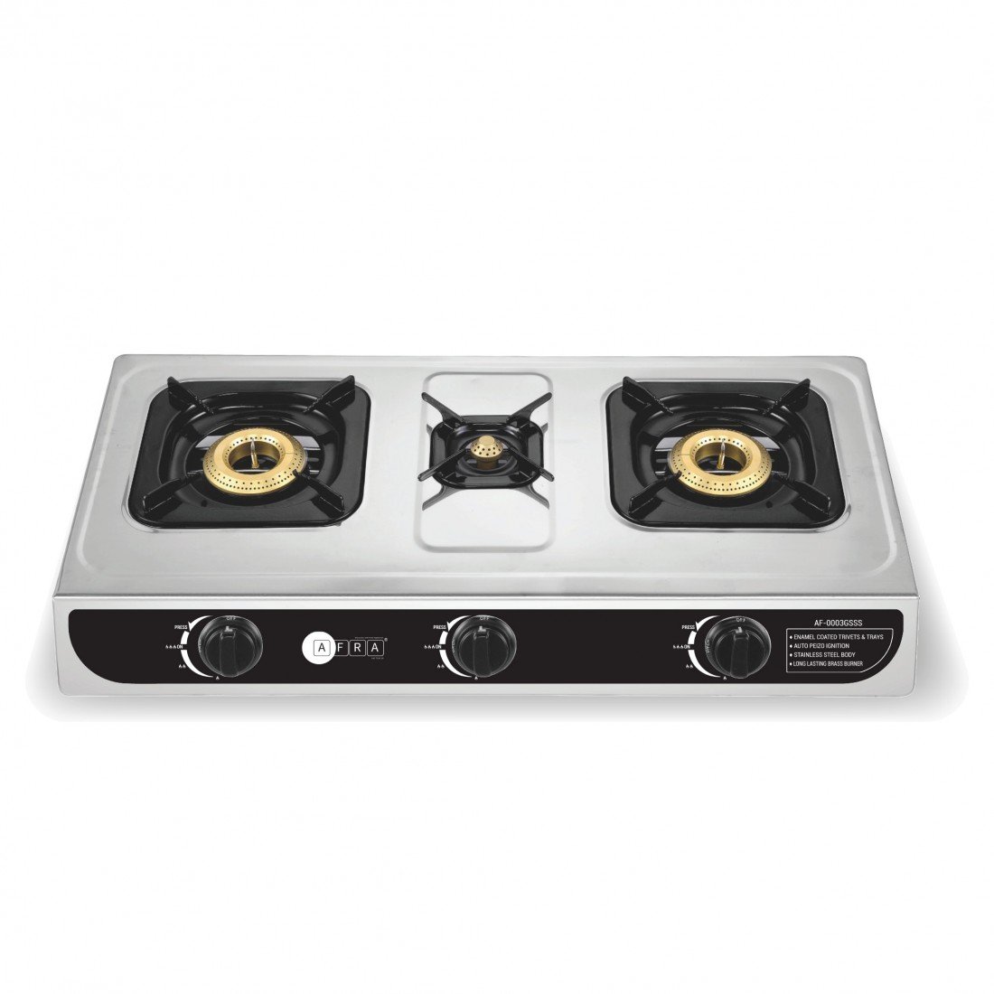 AFRA 3-Burner Gas Stove, Auto Ignition, Full Safety, Stainless Steel – AF-0003GSSS